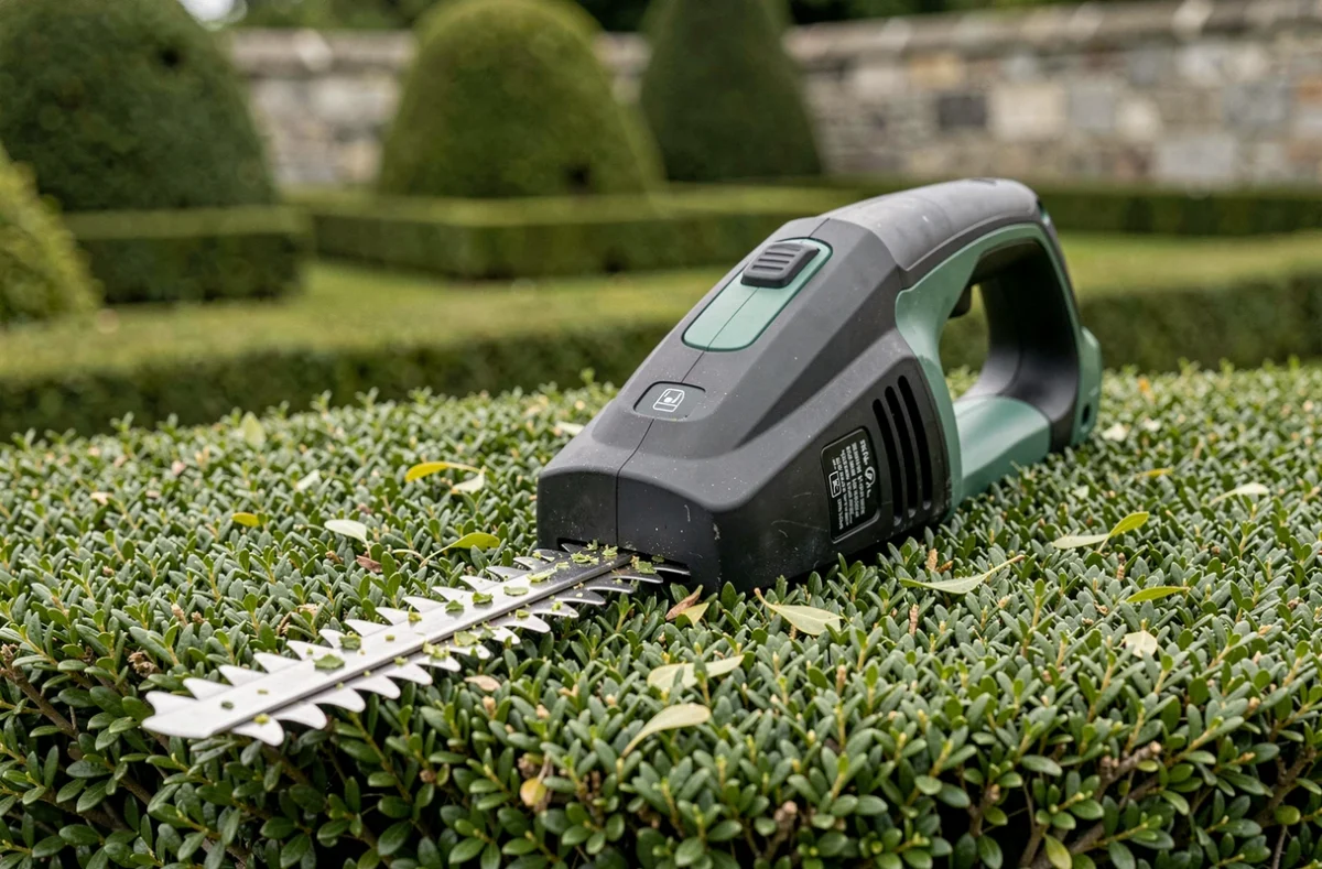 Gros plan d'un taille-haie électrique sans fil posé sur une haie d'if taillée dans un jardin à l'anglaise