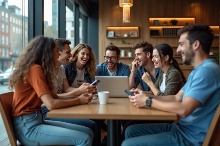 Groupe de jeunes réagissant à des nouvelles virales au café