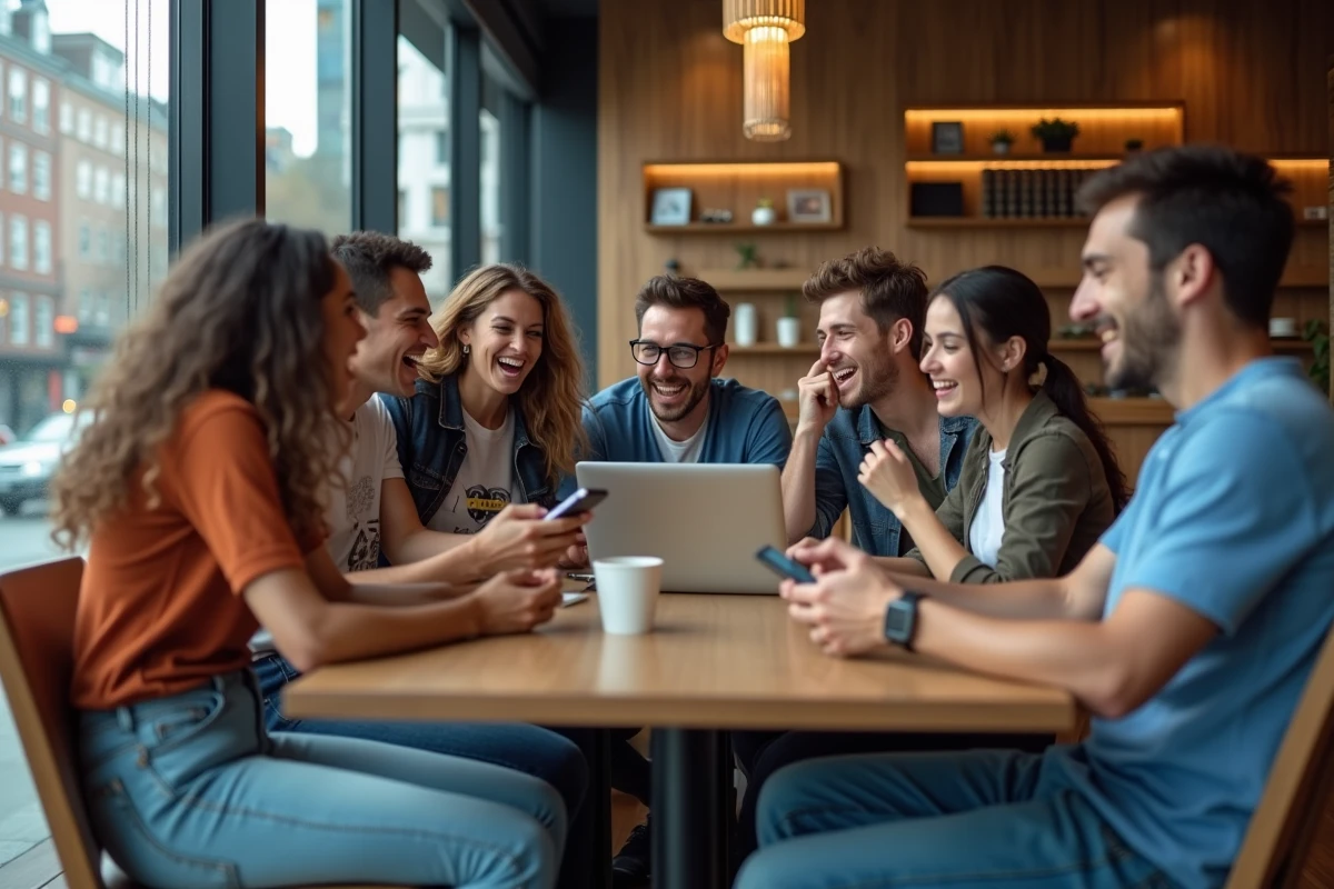 Groupe de jeunes réagissant à des nouvelles virales au café