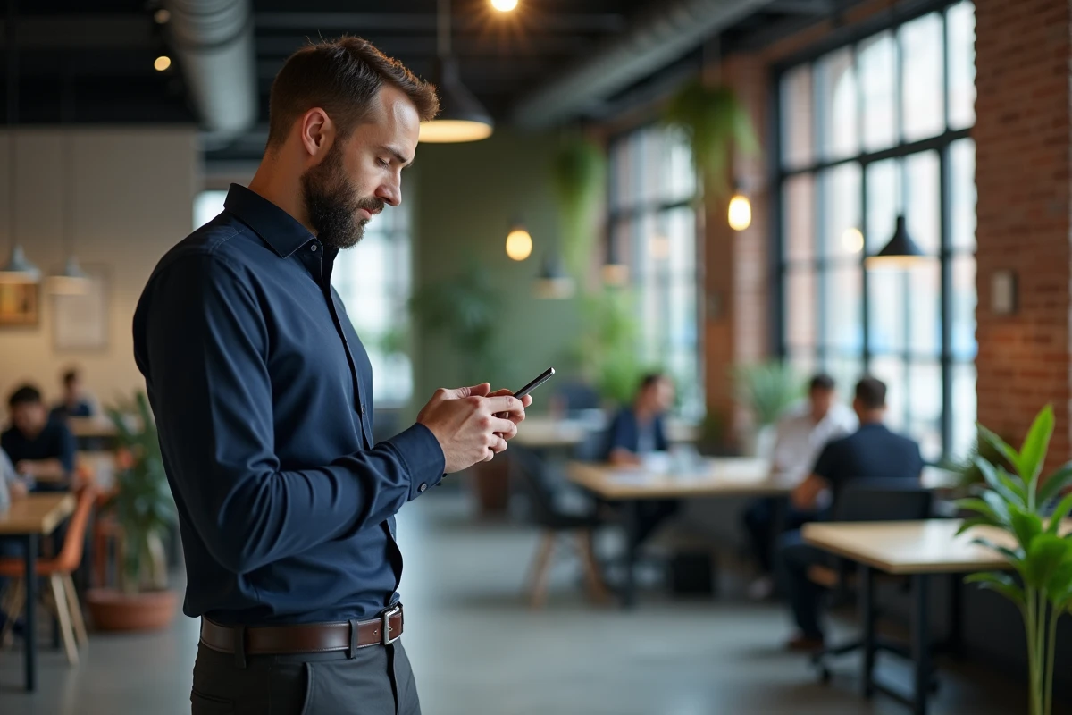 Homme d'affaires lisant les actualités en ligne sur smartphone dans un espace de coworking contemporain