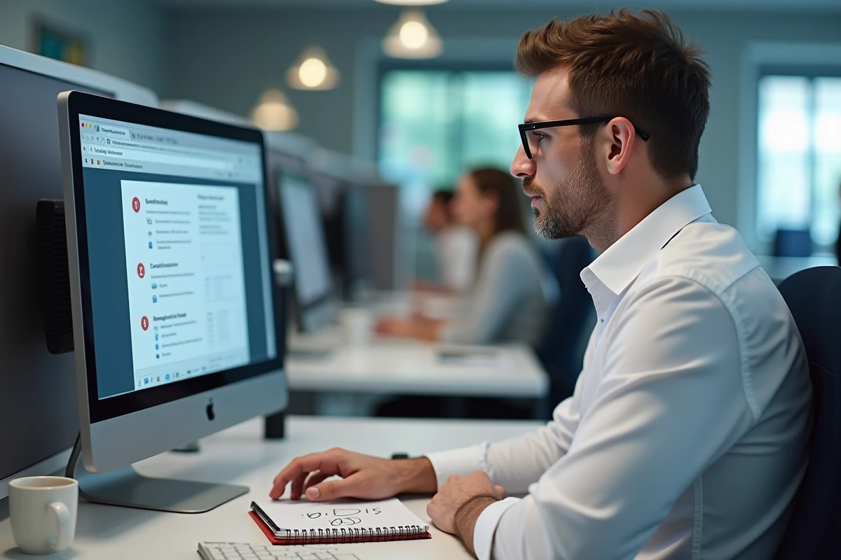 Homme au bureau recherchant sur internet si un numéro en 05 est surtaxé ou non