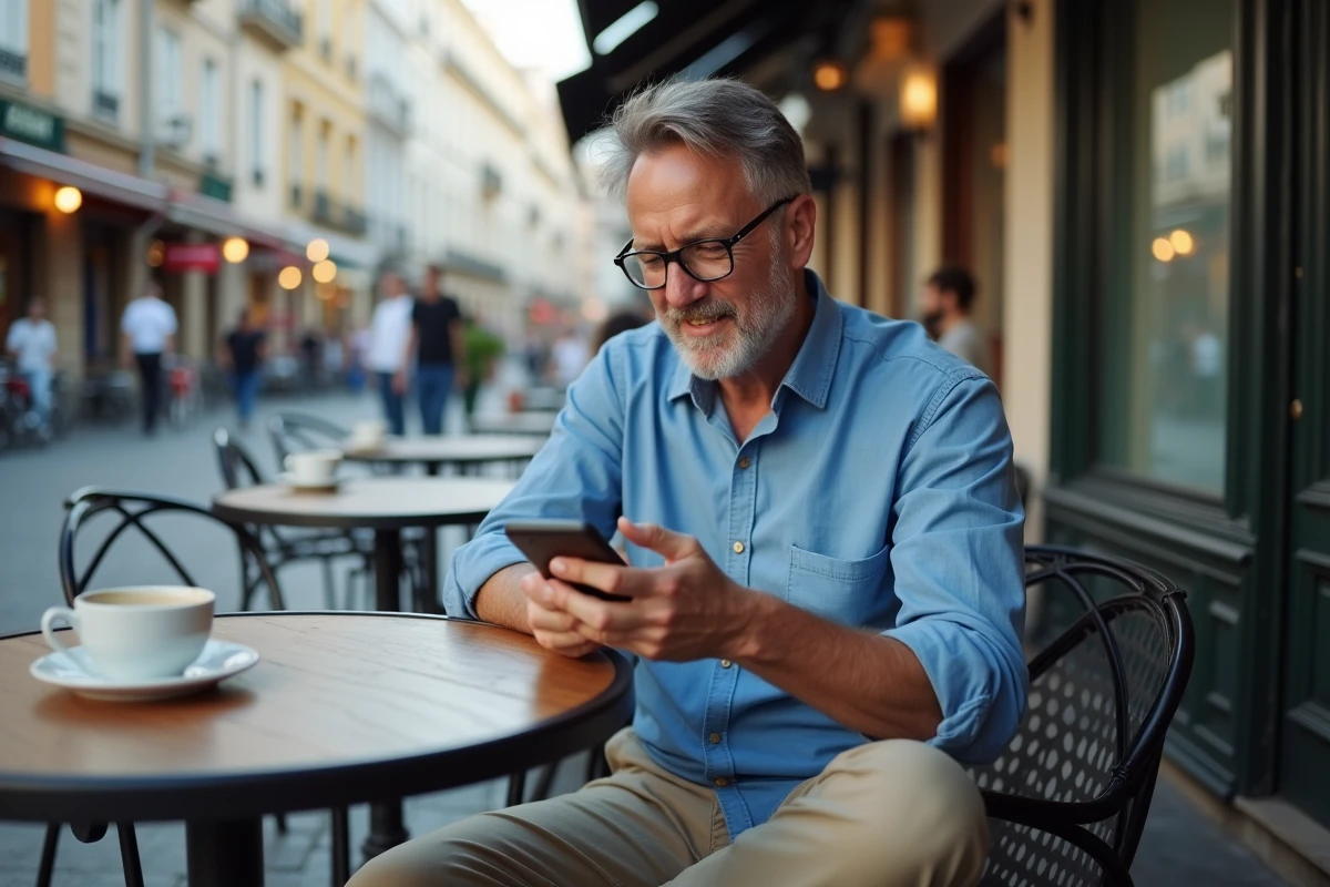 Homme au café terrasse regardant son smartphone