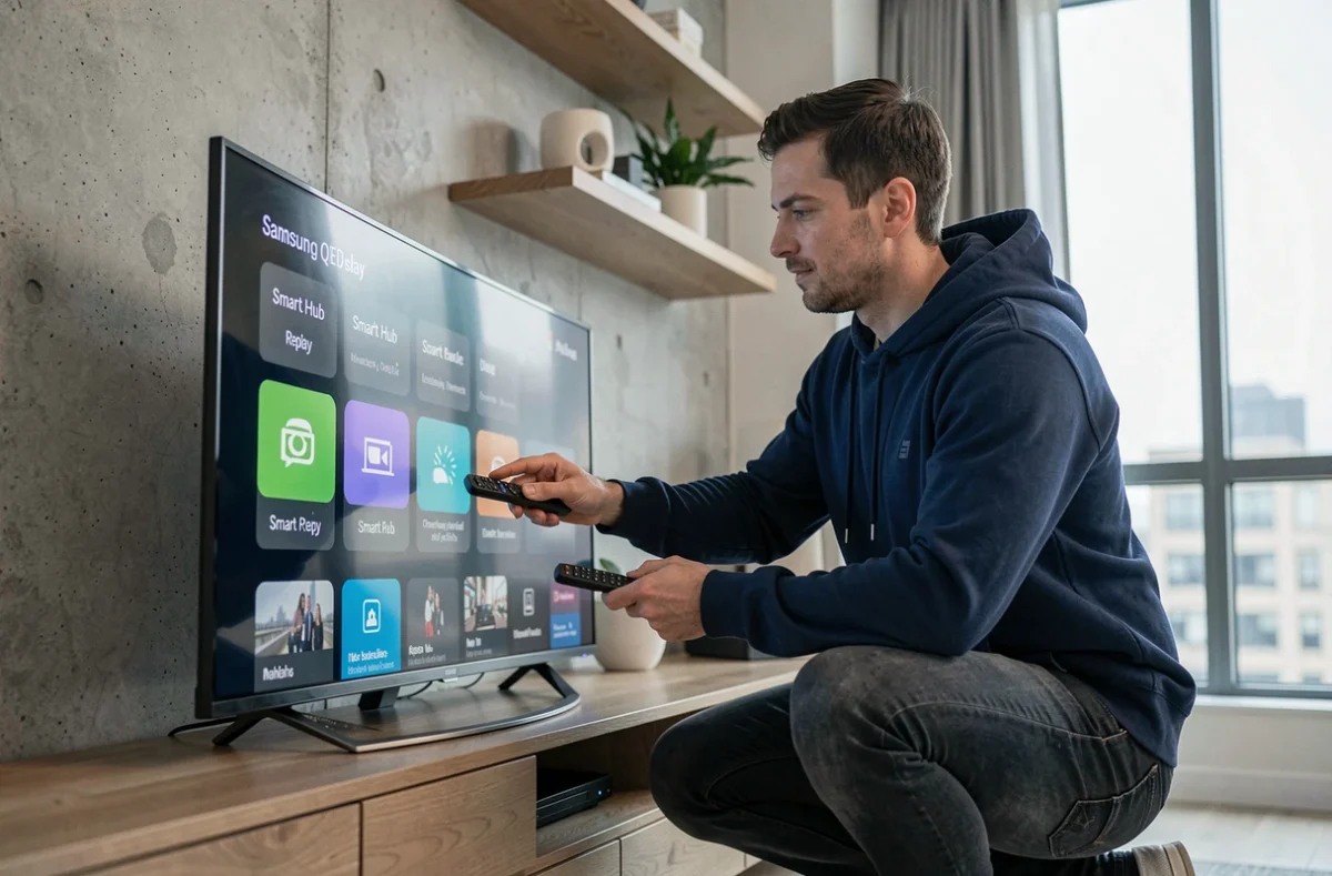 Homme configurant le replay sur une télévision Samsung QLED dans un appartement contemporain