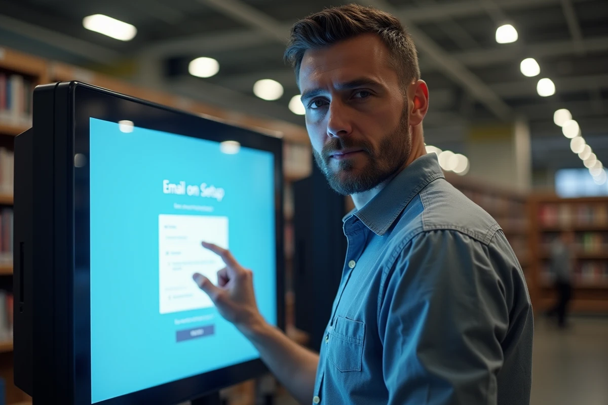 Homme remplissant un formulaire email dans une bibliothèque moderne