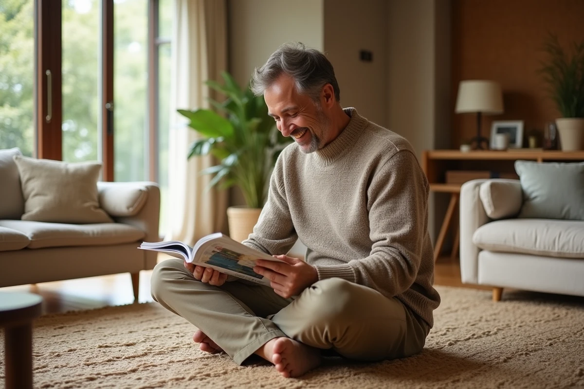 Homme dans un salon écologique feuilletant un magazine de design