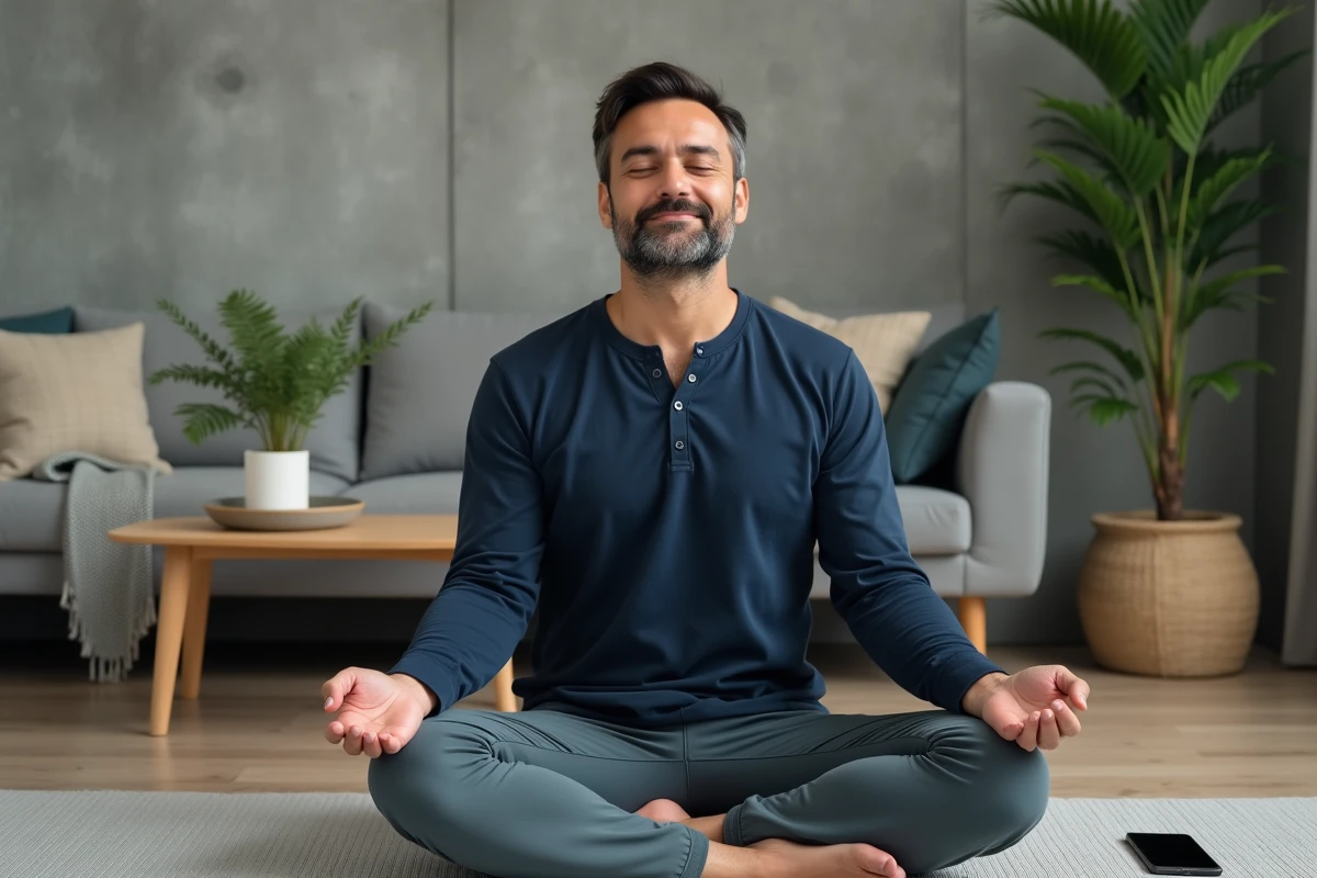 Homme en séance de bien-être sur tapis de yoga dans un salon moderne avec smartphone posé à côté de lui