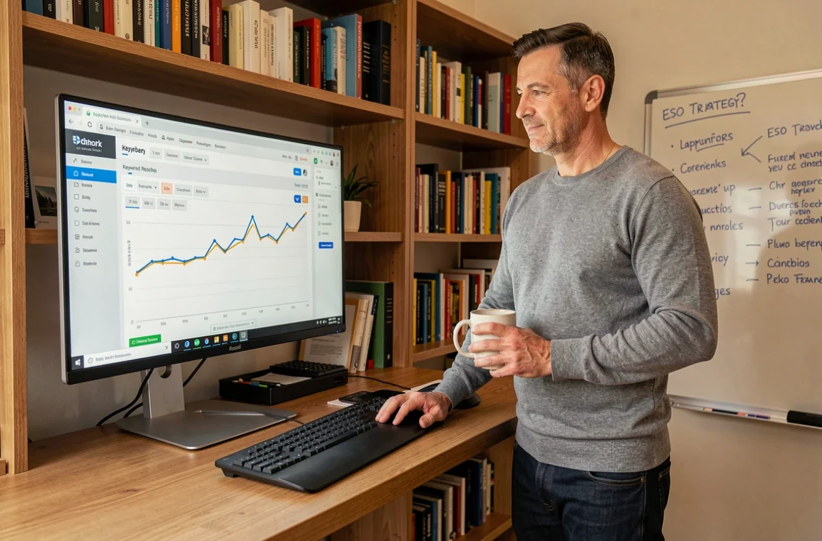 Homme consultant une stratégie SEO sur un grand écran dans un bureau à domicile organisé