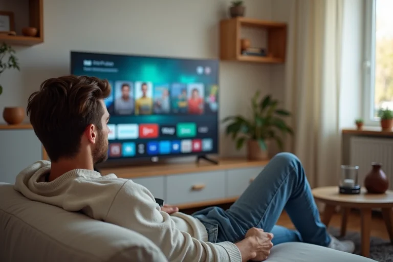 Jeune homme regardant la TV en streaming dans un salon moderne
