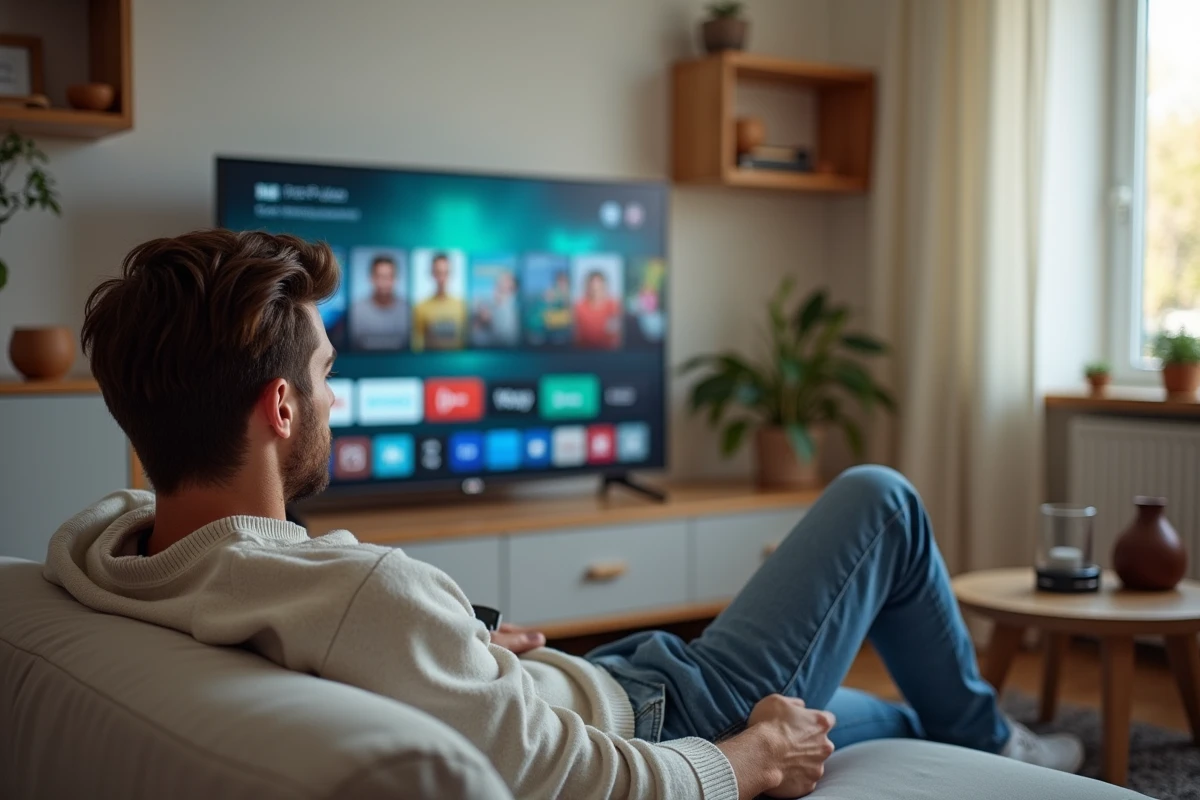 Jeune homme regardant la TV en streaming dans un salon moderne
