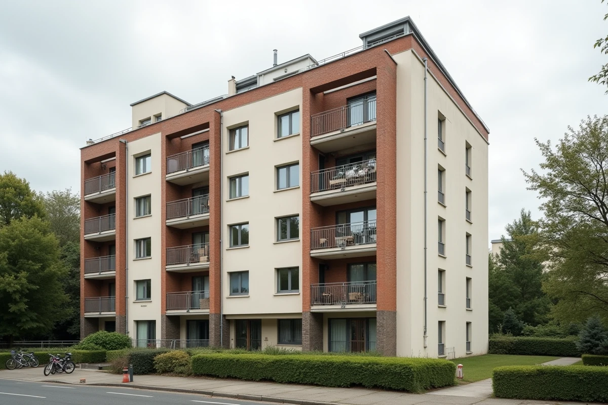 Immeuble de logement social HLM avec jardin commun et façade moderne en France