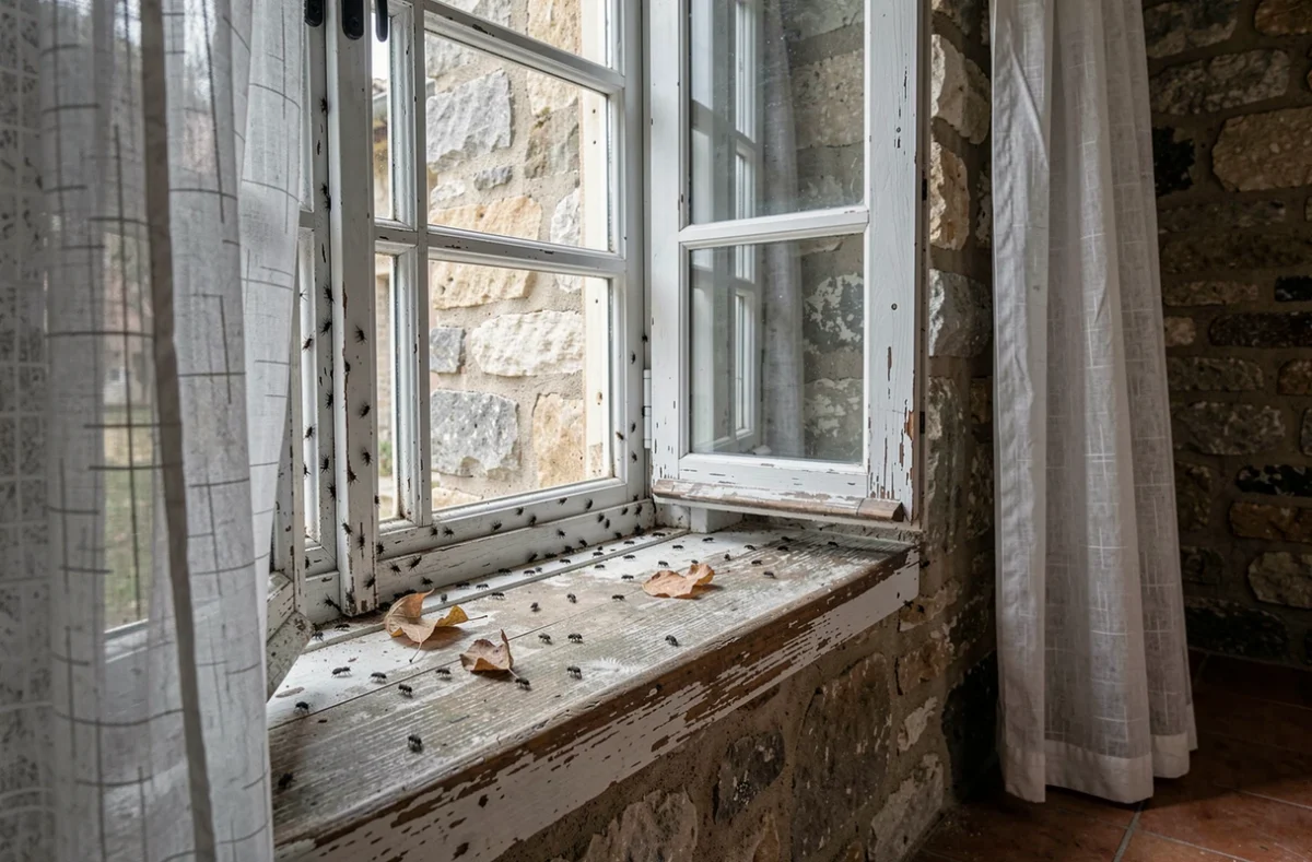 Fenêtre en bois ancien dans une maison de pierre avec des petits insectes noirs sur le rebord et les cadres usés