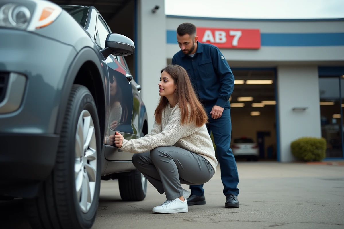 Jeune femme inspectant le pneu de sa voiture avec un mécanicien à l