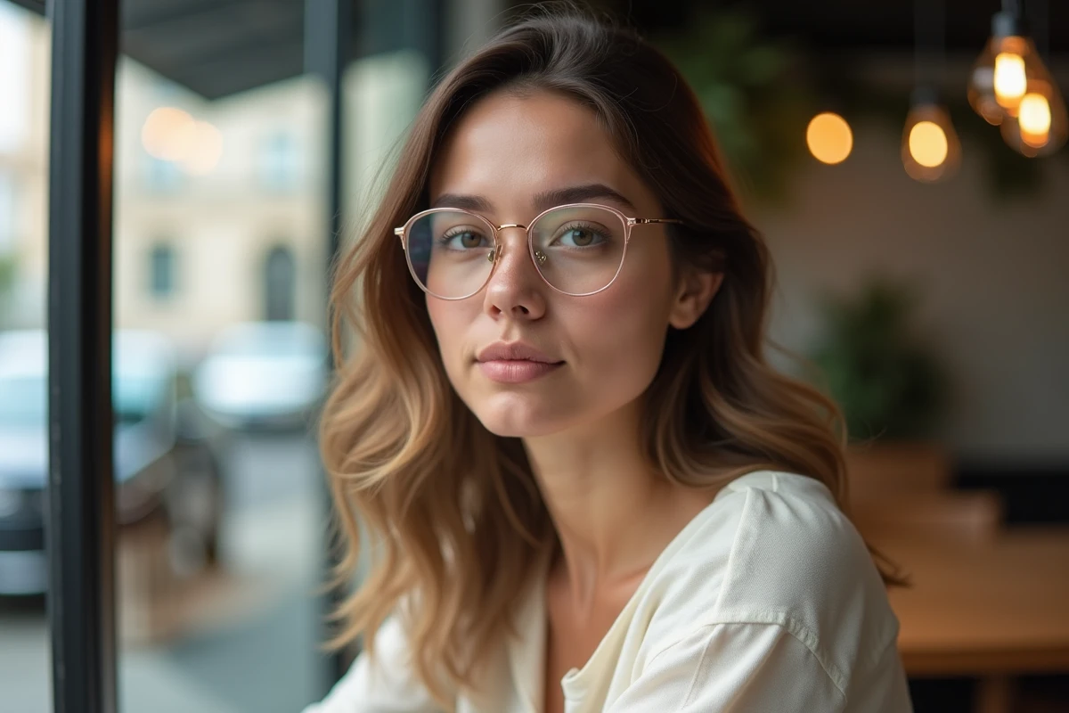 Jeune femme portant des lunettes semi-sans-monture dorées pour camoufler les cernes dans un café parisien