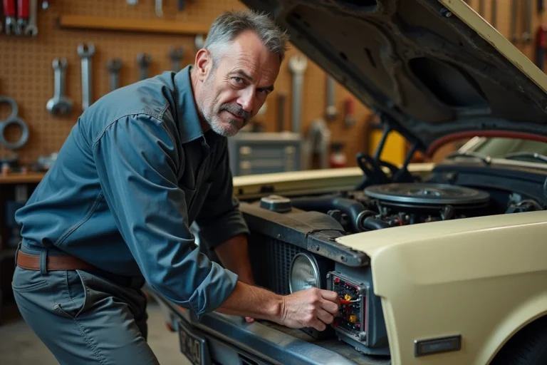 Mécanicien examinant le boîtier de fusibles d'une voiture ancienne dans un garage vintage