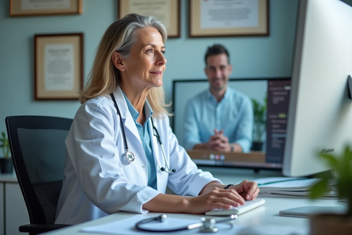 Médecin généraliste réalisant une téléconsultation en ligne depuis son cabinet médical