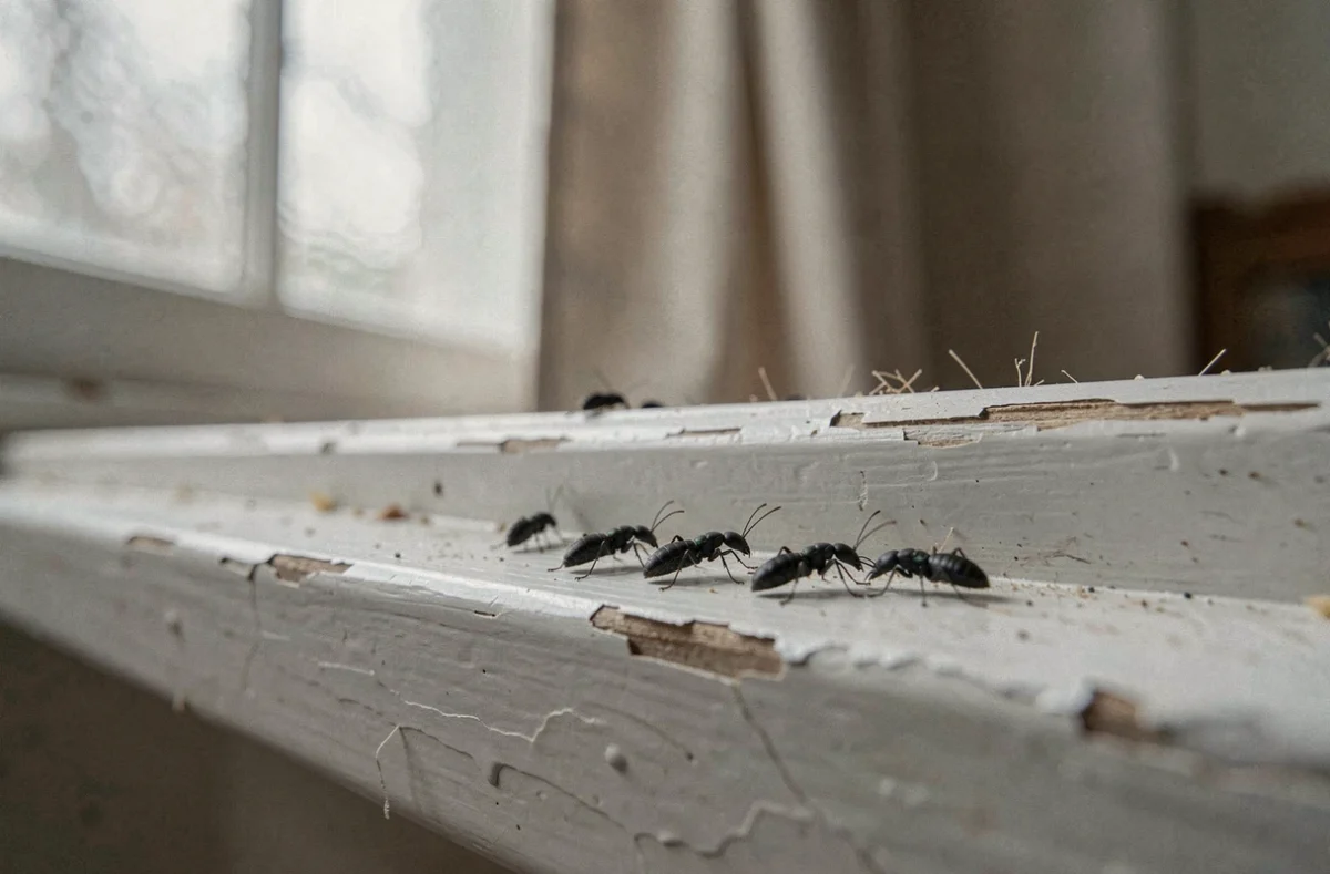 Gros plan de petits insectes noirs accumulés au bord d'un rebord de fenêtre en bois blanc, détails macro réalistes