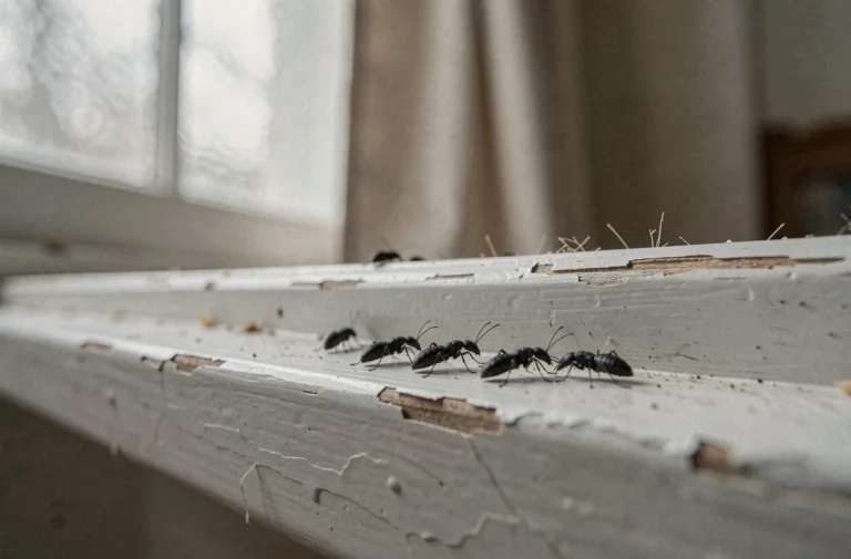 Gros plan de petits insectes noirs accumulés au bord d'un rebord de fenêtre en bois blanc, détails macro réalistes
