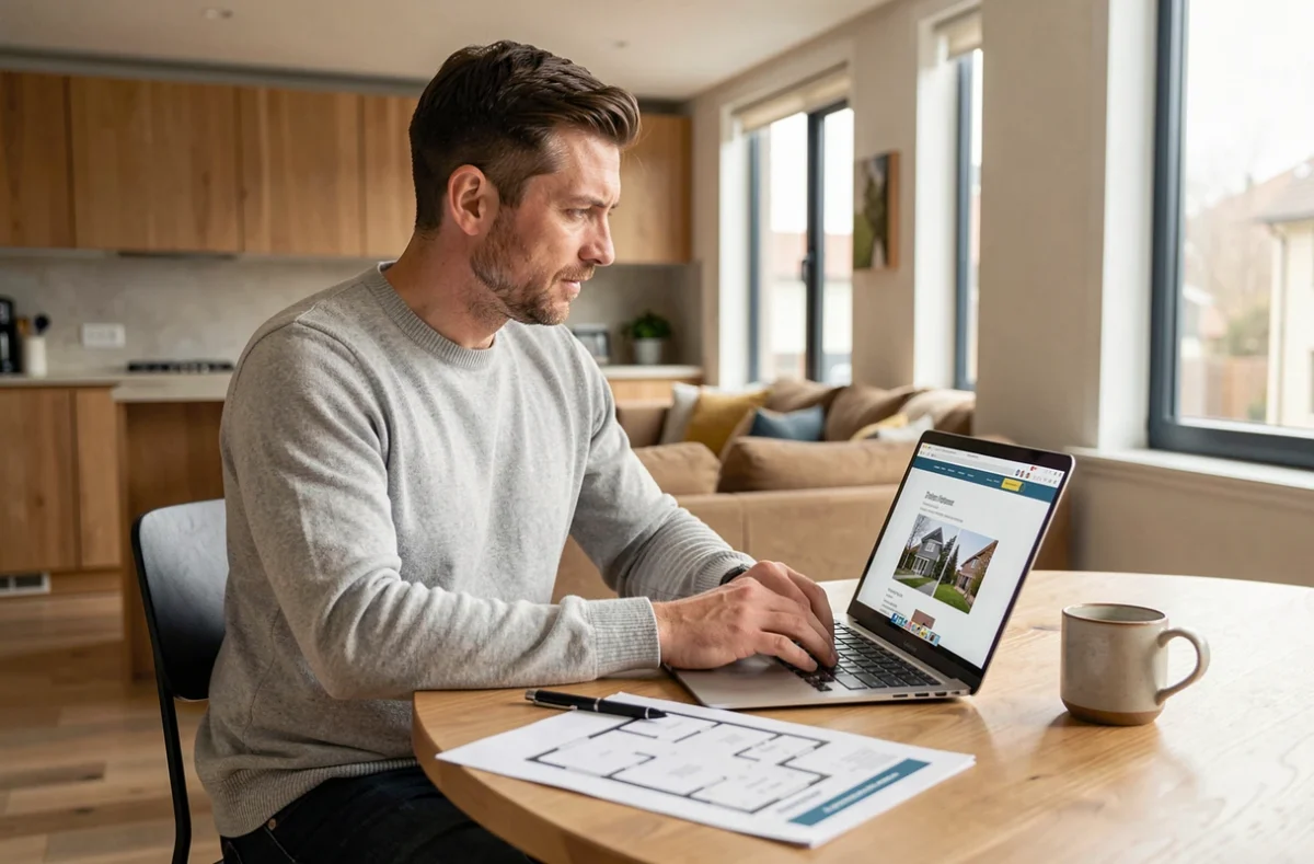 Homme consultant un service immobilier en ligne depuis son appartement avec des documents de propriété
