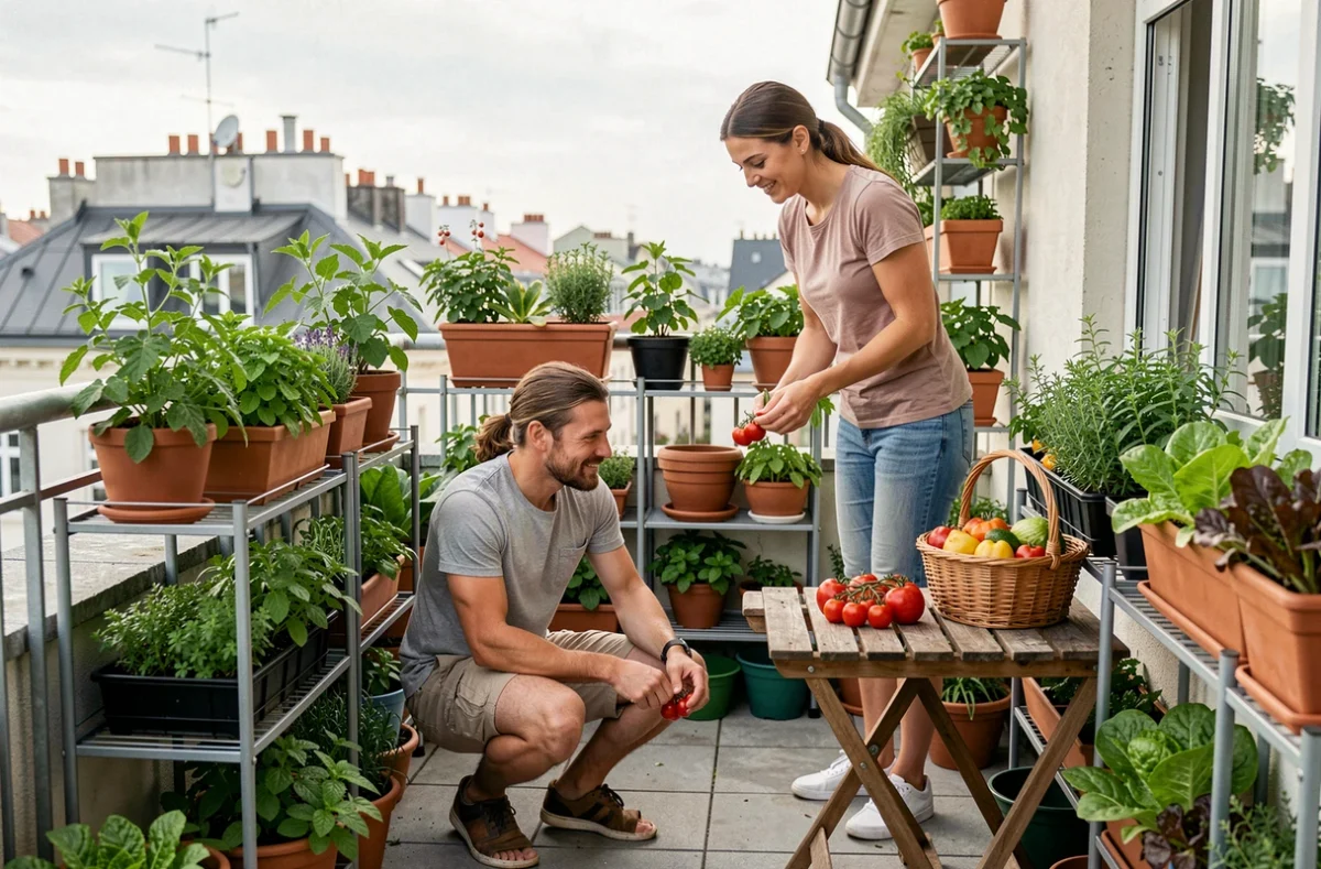 Couple récoltant des tomates cerises et des herbes aromatiques sur un balcon terrasse entièrement aménagé en jardin bio urbain