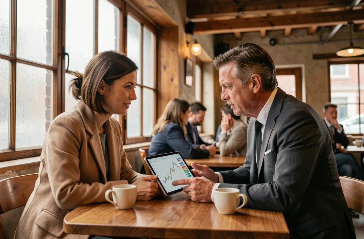 Deux professionnels discutant de stratégies d'investissement autour d'une tablette dans un café urbain moderne