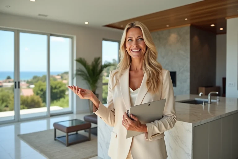 Star de la télévision immobilière posant dans une villa de luxe au style moderne avec vue sur la côte californienne