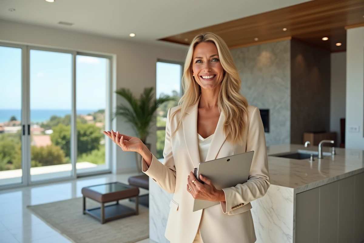Star de la télévision immobilière posant dans une villa de luxe au style moderne avec vue sur la côte californienne