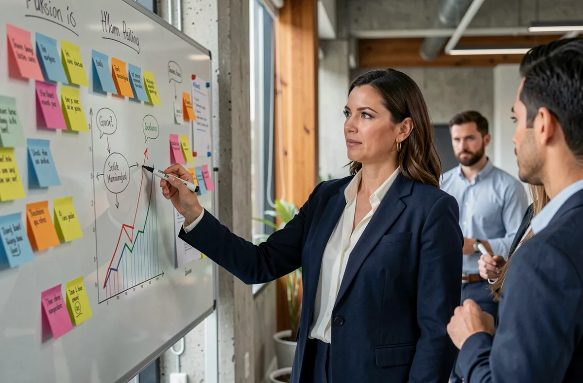 Femme cadre présentant une stratégie marketing à son équipe devant un tableau blanc avec graphiques de croissance en entreprise