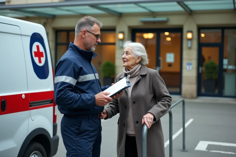 Technicien ambulancier aidant une patiente âgée à monter dans un VSL devant un hôpital français