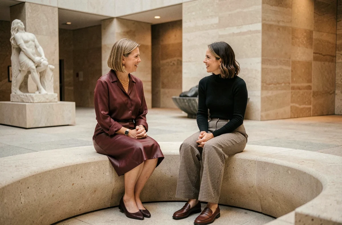 Deux femmes élégamment habillées aux tendances mode saisonnières assises dans la cour d'un musée d'art contemporain, style éditorial