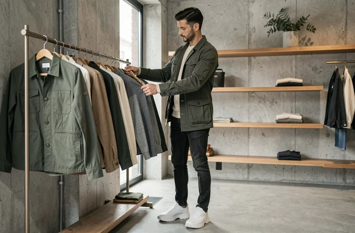 Homme en veste utilitaire verte et pull en maille crème feuilletant des vêtements dans un concept store minimaliste, tendances mode masculine