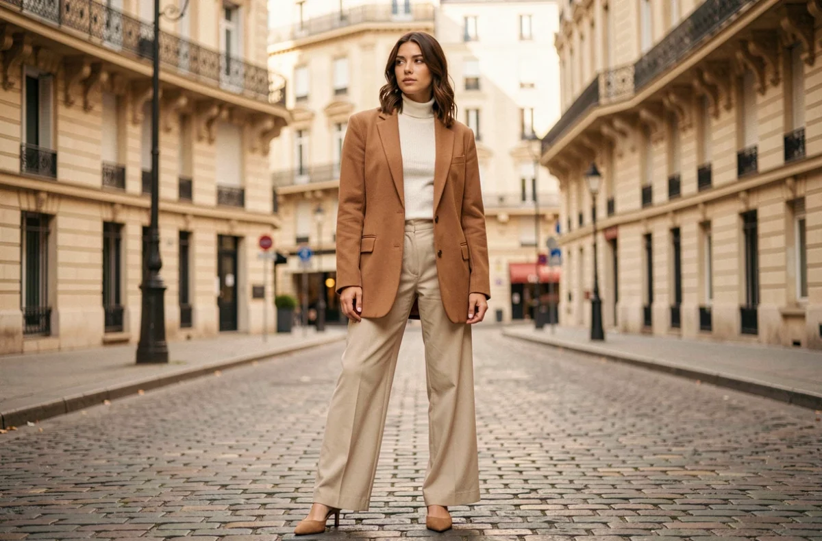 Femme portant un blazer camel oversize et un pantalon large dans une rue pavée parisienne, style mode automne-hiver tendance