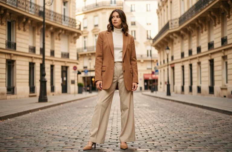 Femme portant un blazer camel oversize et un pantalon large dans une rue pavée parisienne, style mode automne-hiver tendance