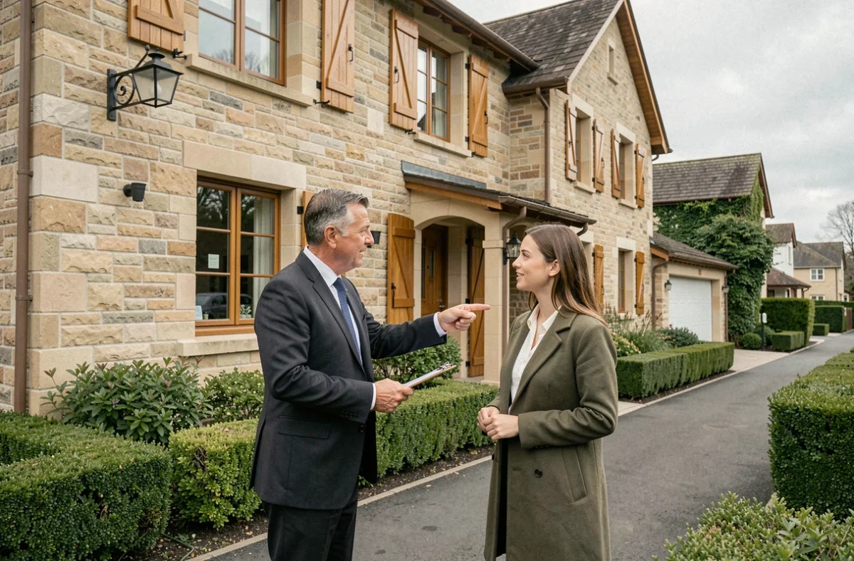 Agent immobilier présentant une maison résidentielle à une cliente lors d'une visite de bien